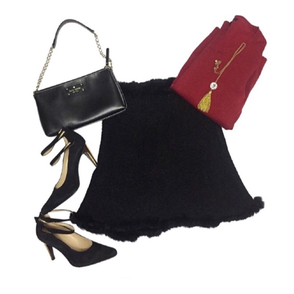 WHBM Black Rabbit Fur Trim Skirt